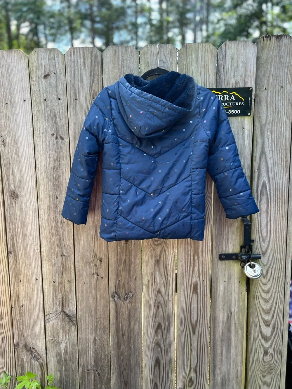SWISSTECH Girls Navy Blue Polka Dot Confetti Puffer Coat Hooded Girls Medium 7-8